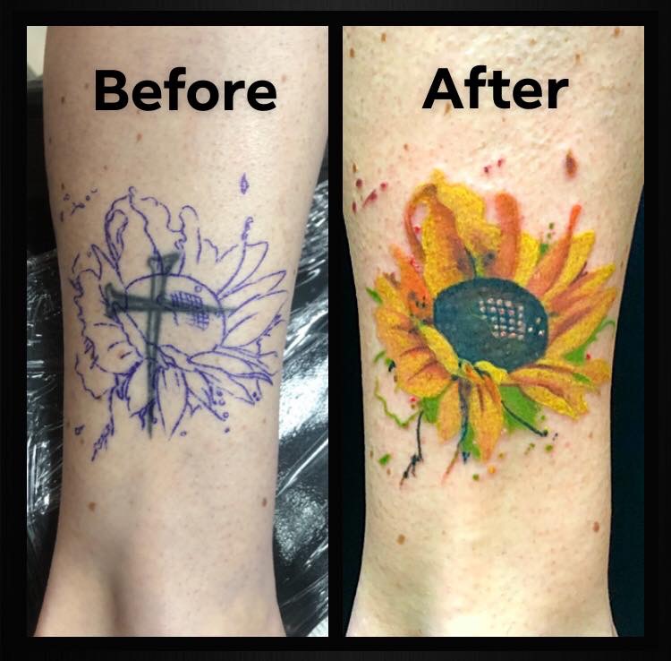 Before and after image of a sunflower tattoo covering up an ugly cross tattoo